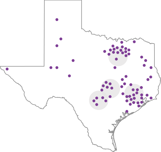 Outline of Texas showing cities where N2 Learning has clients